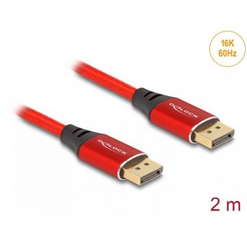 Cablu Displayport 16K60Hz/8K120Hz/4K240Hz T-T 2m brodat Rosu, Delock 80632