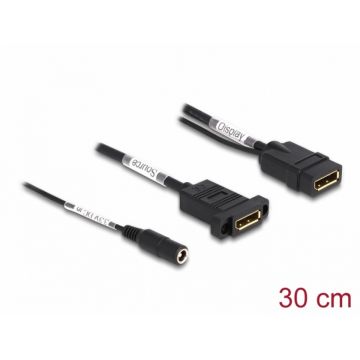 Cablu Displayport 4K60 Hz cu alimentare DC 2.1 x 5.5 mm M-M 0.30m panel-mount, Delock 87039