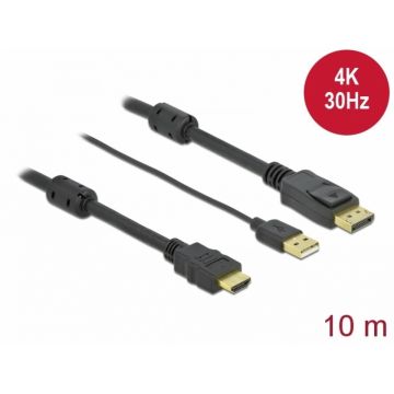 Cablu HDMI la DisplayPort 4K30Hz cu alimentare USB T-T 10m, Delock 85968