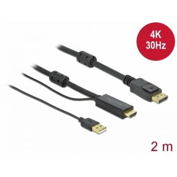 Cablu HDMI la DisplayPort 4K30Hz cu alimentare USB T-T 2m, Delock 85964