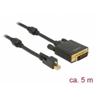 Cablu mini Displayport 1.2 cu surub la DVI 4K 30 Hz Activ 5m T-T negru, Delock 85637