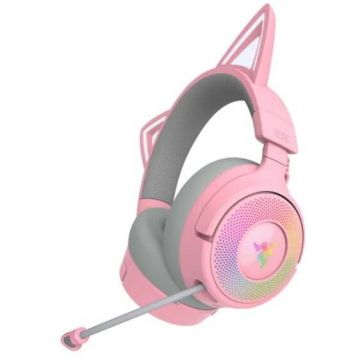 Razer Casti Gaming Wireless Razer Kraken Kitty V3 Pro, 2.4G/Bluetooth/USB, Over-Ear, Chroma RGB, Microfon HyperClear Super Wideband, Roz