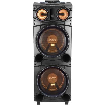 Samus Boxa portabila Samus Fiesta 12, Putere RMS 100 W / de iesire 300 W / PMPO 1000 W, Display digital, Bluetooth, FM Radio, Bluetooth, Intrare Aux / USB / SD Card / Microfon, Iluminare pe ritmul muzicii, Negru