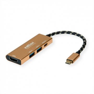 Docking station GOLD USB- C 3.1 la HDMI 4K@30Hz, 2 x USB-A, 1 x USB-C PD (Power Delivery), Roline 12.02.1119