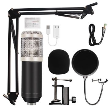 Microfon Profesional de Studio Condenser BM800 cu Stand Inclus pentru Inregistrare Vocala, Streaming, Gaming, Karaoke, Silver