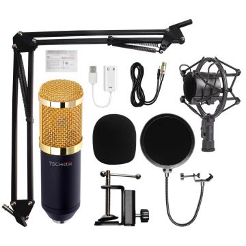 Microfon Profesional de Studio, Techstar® BM800 Condenser, Stand Inclus pentru Inregistrare Vocala, Streaming, Gaming, Podcast, Vlog, Gold