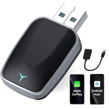 Adaptor Wireless 2-in-1 Apple CarPlay & Android Auto Techstar® M17 – USB/USB-C (Adaptor inclus), Wi-Fi 5.8GHz + Bluetooth, Plug & Play, Mini Compact