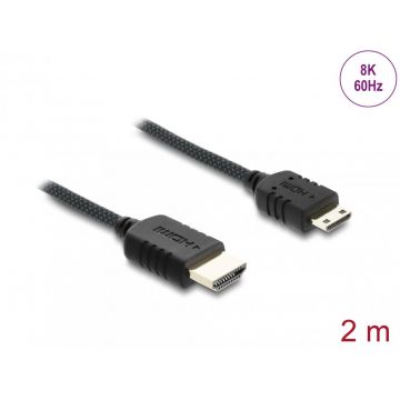 Cablu Coaxial High Speed HDMI la mini-C HDMI 8K60Hz/4K240Hz brodat 2m Negru, Delock 81688