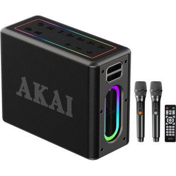 Akai Boxa portabila ABTSW-120, 80W, IPX6, Bluetooth 5.3, TWS, Black + 2 Microfoane wireless, Telecomanda, Cablu USB-C, Curea transport, Cablu AUX