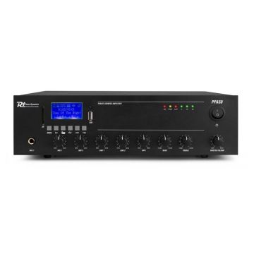 Amplificator sonorizare PA 100V, 50W, 8 Ohm, 2x intrari microfon jack, 2x intrari linie RCA, Control Bass, Egalizator incorporat, PPA50