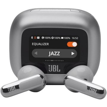 JBL Casti In-Ear JBL Live Flex 3, Bluetooth 5.3, Hi-Res, Smart Case, True Adaptive NC, Autonomie 50H, Multi-point, IP54, Argintiu