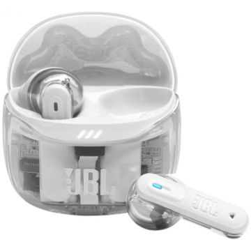 JBL Casti In-Ear JBL Tune Flex 2, True Wireless, Bluetooth, ANC, Autonomie 48 ore, IP54, Spatial Sound, Multi-point, Alb/Transparent