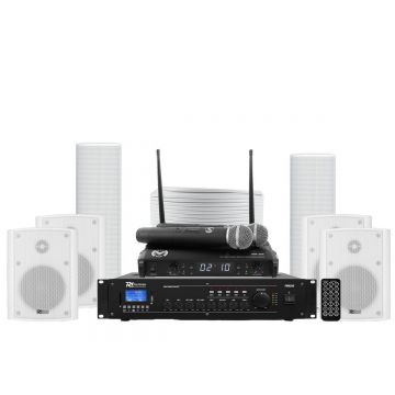 Kit sonorizare biserica cu amplificator 240W, 4 boxe perete 30W, 2 difuzoare coloana 30W si microfoane wireless UHF, KITBIS6040W