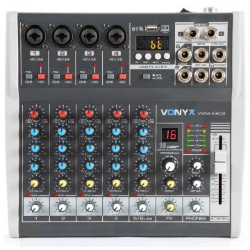 Mixer analog pasiv, 6 canale, Bluetooth, USB, XLR, alimentare Phantom, Vonyx VMM-K602