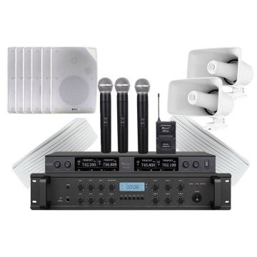 Sonorizare biserica pentru interior-exterior, Public Adress, 8 difuzoare, microfoane + lavaliera, KITBIS6PRO