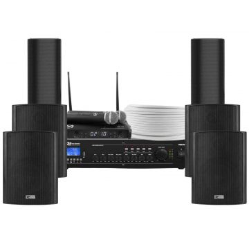 Sonorizare biserica pentru interior-exterior, statie cu 2 microfoane wireless, amplificator, 4 boxe perete, 2 difuzoare PA, KITBIS6040B