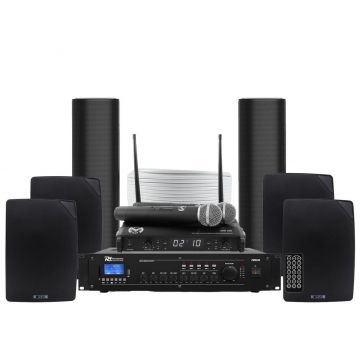 Sonorizare biserica pentru interior-exterior, statie cu 2 microfoane wireless, amplificator, 4 boxe perete, 2 difuzoare PA, KITBIS6040B