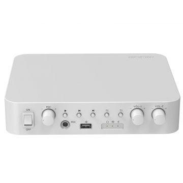 Amplificator pentru public address Hikvision DS-QAE0A60G1-VB, 60W 24VDC, 2 zone, intrare USB, Bluetooth MIC RCA, iesire 100V