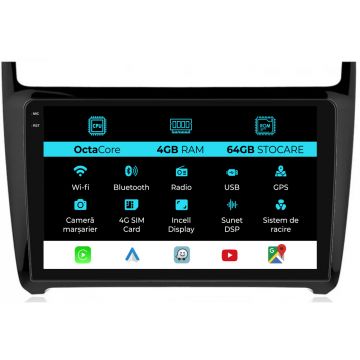 Navigatie Dedicata Volkswagen Polo (2009-2018), 9Inch, 4Gb Ram, 64Gb Stocare, Carplay