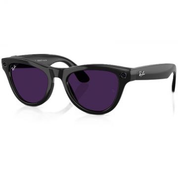 Ray-Ban Ochelari Smart Ray-Ban META Skyler Shiny RW4010 601/CH, marime 52, Wi-Fi 6, Bluetooth, Aparat foto cu filmare, Asistent vocal, 32GB Flash, Lentile cu Tranzitie Transparent/Violet, Negru