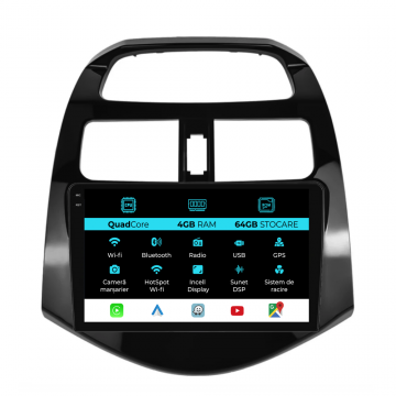 Navigatie Dedicata Chevrolet Spark (2009-2015), QuadCore, 9Inch, 4Gb Ram, 64Gb Stocare, Carplay