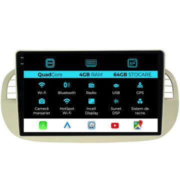 Navigatie Dedicata Fiat 500 (2007-2015), 9Inch,QuadCore, 4Gb Ram, 64Gb Stocare, Carplay