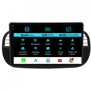 Navigatie Dedicata Fiat 500 (2007-2015), 9Inch,QuadCore, 4Gb Ram, 64Gb Stocare, Carplay
