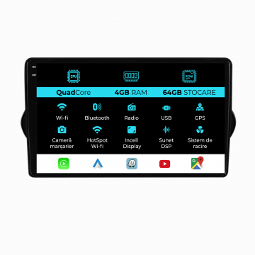 Navigatie Dedicata Fiat Tipo (2015-2021),QuadCore, 9Inch, 4Gb Ram, 64Gb Stocare, Carplay