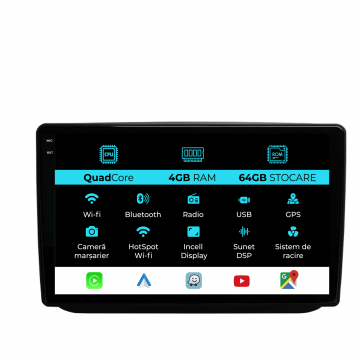 Navigatie Dedicata Skoda Fabia (2007-2014),QuadCore, 10Inch, 4Gb Ram, 64Gb Stocare, Carplay