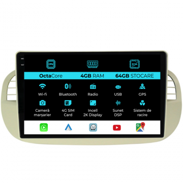 Navigatie Dedicata Fiat 500 (2007-2015), 2K, 4Gb Ram, 64Gb Stocare, Carplay
