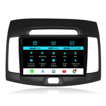 Navigatie Dedicata Hyundai Elantra (2006-2011),QuadCore, 9Inch, 4Gb Ram, 64Gb Stocare, Carplay