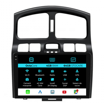 Navigatie Dedicata Hyundai Santa Fe (2000-2006), 2K, 4Gb Ram, 64Gb Stocare, Carplay