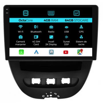 Navigatie Dedicata Peugeot 107 Citroen C1 Toyota Aygo (2005-2015),2K, 4Gb Ram, 64Gb Stocare, Carplay