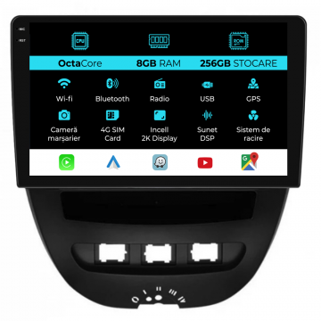 Navigatie Dedicata Peugeot 107 Citroen C1 Toyota Aygo (2005-2015),2K, 8Gb Ram, 256Gb Stocare, Carplay