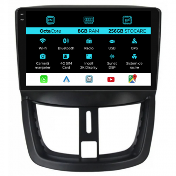 Navigatie Dedicata Peugeot 207 (2006-2015), 2K, 8Gb Ram, 256Gb Stocare, Carplay