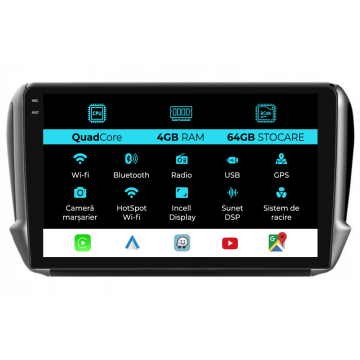 Navigatie Dedicata Peugeot 208 2008 (2013-2018),QuadCore, 10Inch, 4Gb Ram, 64Gb Stocare, Carplay