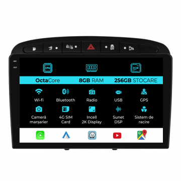 Navigatie Dedicata Peugeot 308 408 (2008-2013), 2K, 8Gb Ram, 256Gb Stocare, Carplay