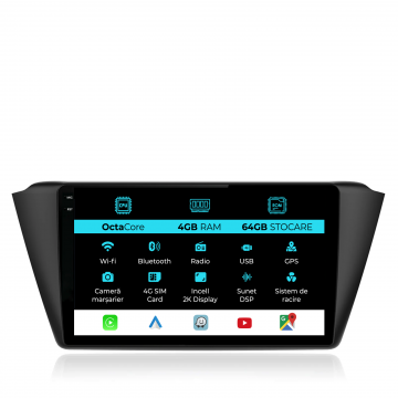 Navigatie Dedicata Skoda Fabia (2014-2019), 2K, 4Gb Ram, 64Gb Stocare, Carplay
