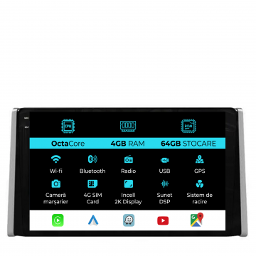Navigatie Dedicata Toyota Rav4 (2018-2024), 2K, 4Gb Ram, 64Gb Stocare, Carplay