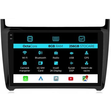 Navigatie Dedicata Volkswagen Polo (2009-2018), 2K, 8Gb Ram, 256Gb Stocare, Carplay