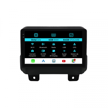 Navigatie Dedicata Jeep Wrangler 4 (2018-2022), 2K, 4Gb Ram, 64Gb Stocare, Carplay