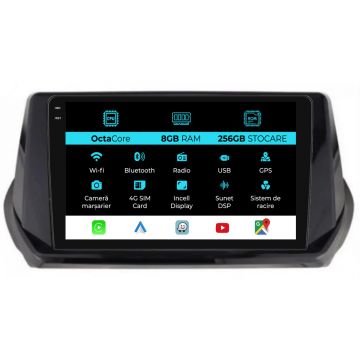 Navigatie Dedicata Peugeot 208 (2019-2024), 9Inch, 8Gb Ram, 256Gb Stocare, Carplay