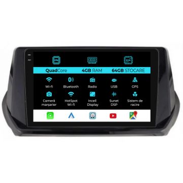 Navigatie Dedicata Peugeot 208 (2019-2024),QuadCore, 9Inch, 4Gb Ram, 64Gb Stocare, Carplay