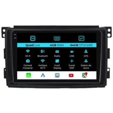 Navigatie Dedicata Smart For Two (2005-2010) For Four (2005-2010),QuadCore, 9Inch, 4Gb Ram, 64Gb stocare, Carplay