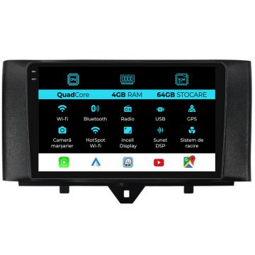 Navigatie Dedicata Smart For Two (2010-2015) For Four (2010-2015),QuadCore, 9Inch, 4Gb Ram, 64Gb stocare, Carplay