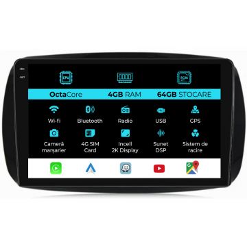 Navigatie Dedicata Smart For Two (2016-2021) For Four (2016-2021), 2K, 4Gb Ram, 64Gb stocare, Carplay