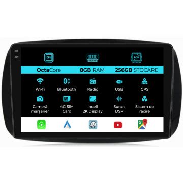 Navigatie Dedicata Smart For Two (2016-2021) For Four (2016-2021), 2K, 8Gb Ram, 256Gb stocare, Carplay