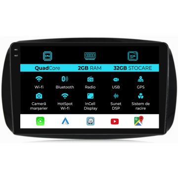Navigatie Dedicata Smart For Two (2016-2021) For Four (2016-2021), 9Inch, 2Gb Ram, 32Gb stocare, Carplay