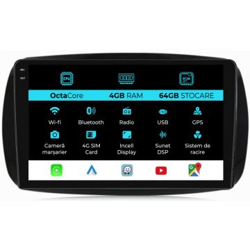 Navigatie Dedicata Smart For Two (2016-2021) For Four (2016-2021), 9Inch, 4Gb Ram, 64Gb stocare, Carplay