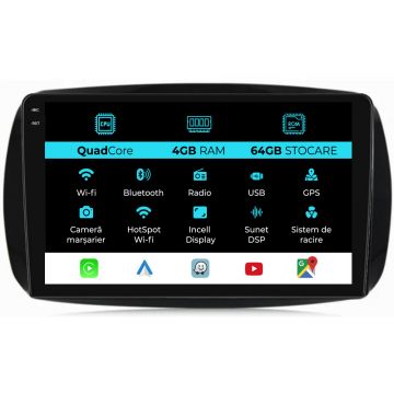 Navigatie Dedicata Smart For Two (2016-2021) For Four (2016-2021),QuadCore, 9Inch, 4Gb Ram, 64Gb stocare, Carplay